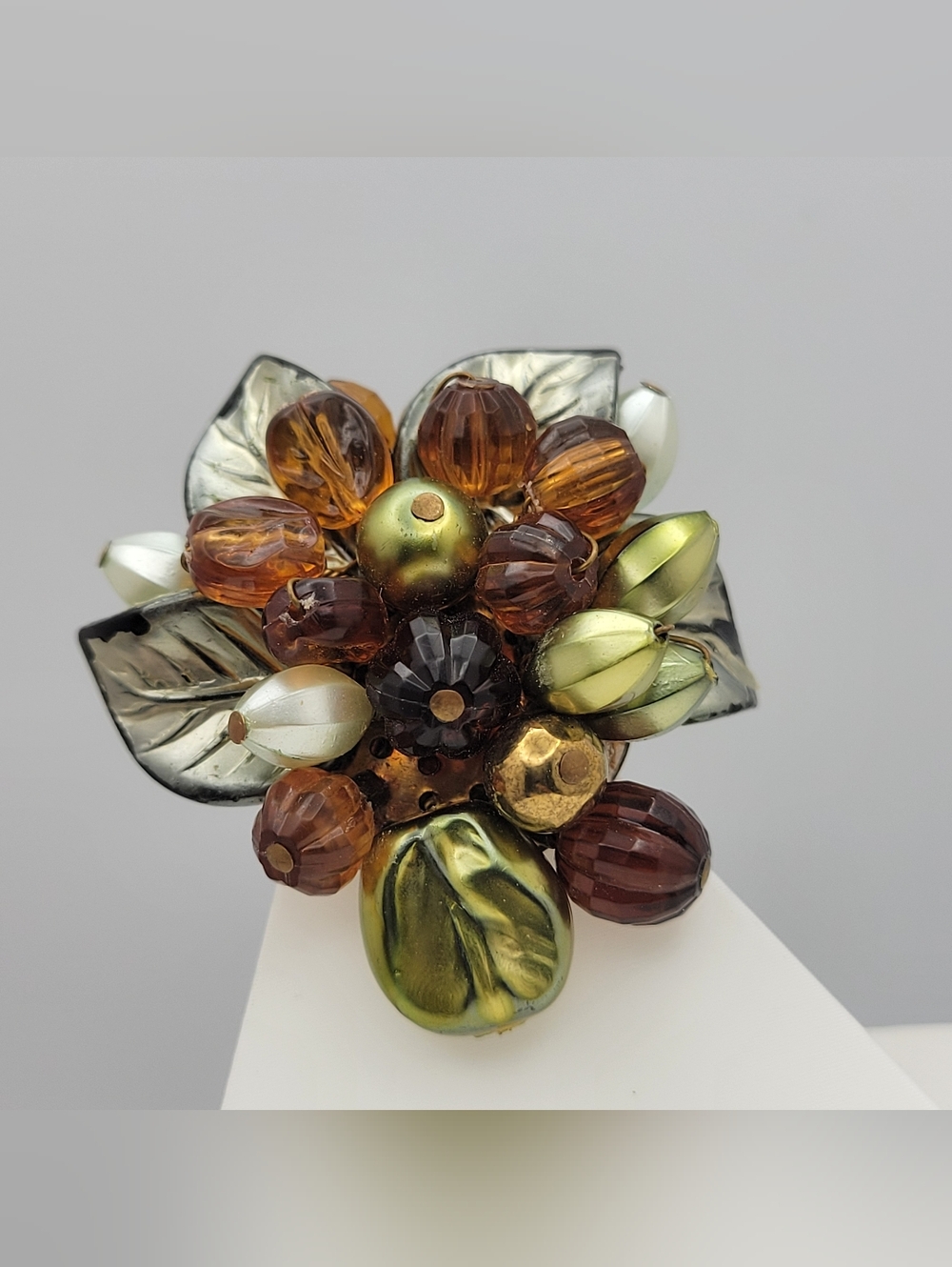 Vintage Green and Amber Floral Cluster Brooch